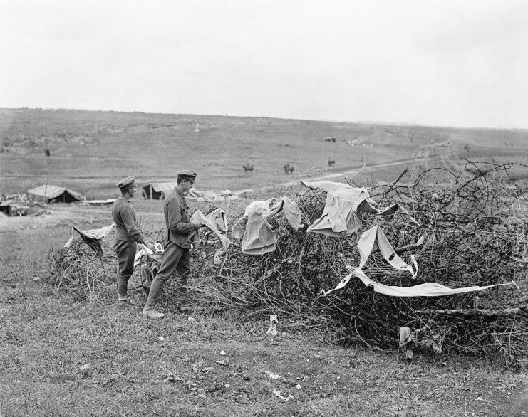 British troops drying their laundry on old German barbed wire in front of Mametz, September 1916.