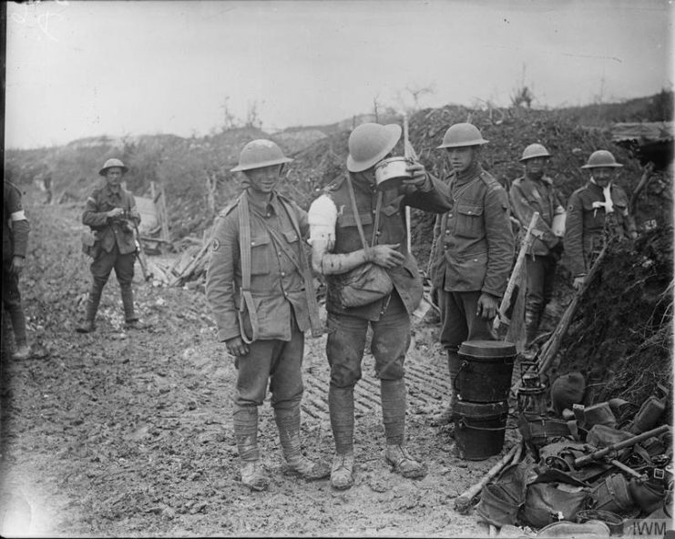 British wounded receiving tea on their way back from the fighting line at 63rd Field Ambulance, Mametz Wood – Mametz road.