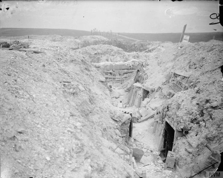 Destroyed German trenches at Ovillers, looking towards Bapaume road, July 1916.