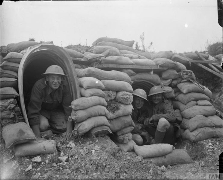 oyful British troops in captured German dugouts at Mametz.