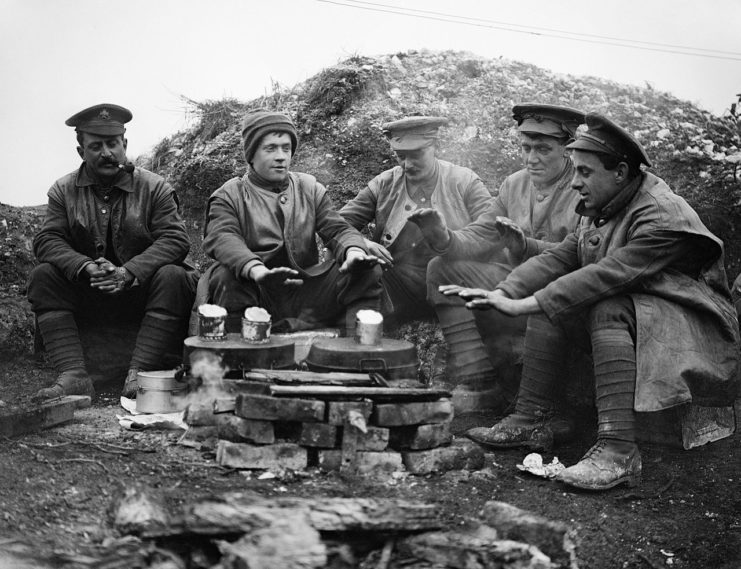 Troops of the Sherwood Foresters ()(Nottingham and Derbyshire) Regiment cooking their ‘Pork and Beans’ ration in dixies. Near St. Pierre Divion, November 1916.