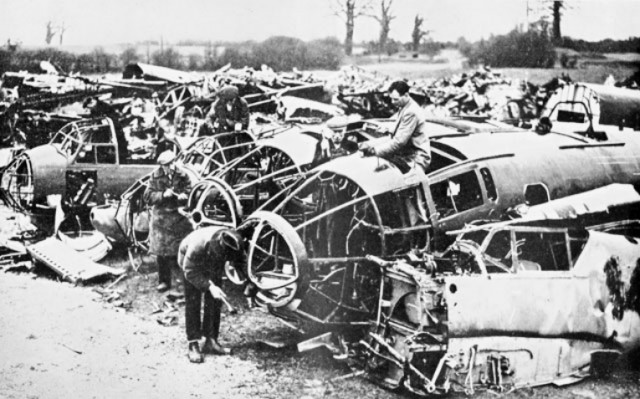 Wrecked German aircraft (Me 109E, He 111 and Ju 88A) in Britian, 1940.