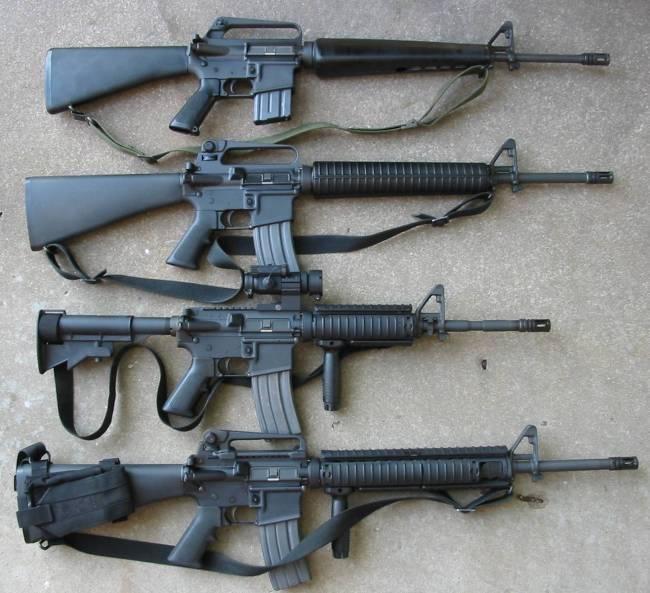 M16A1, M16A2, M4, M16A4, from top to bottom. Image by Offspring 18 87 CC BY-SA 3.0