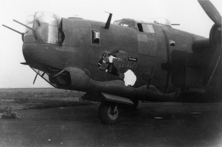 The nose art of a B-24 Liberator (Q2-M_, serial number 42-52534) nicknamed Witchcraft of the 790th Bomb Squadron, 467th Bomb Group.