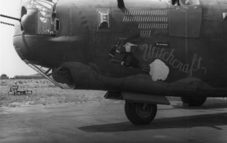 The nose art of a B-24 Liberator Witchcraft of the 790th Bomb Squadron, 467th Bomb Group.