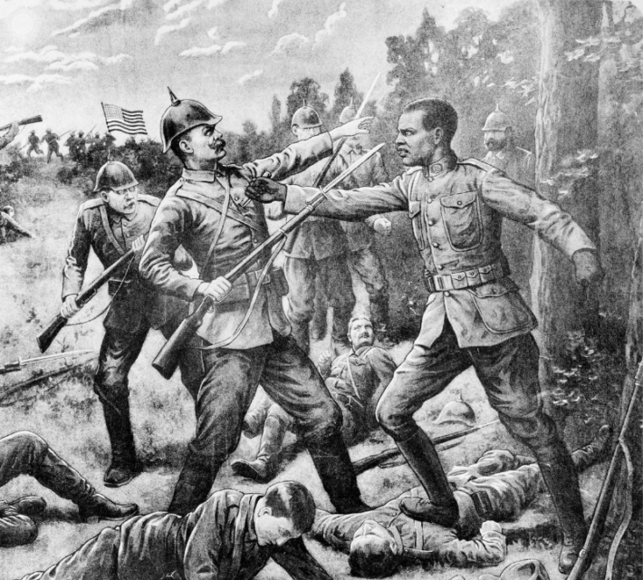 Detail from a World War I poster depicting Johnson's heroism