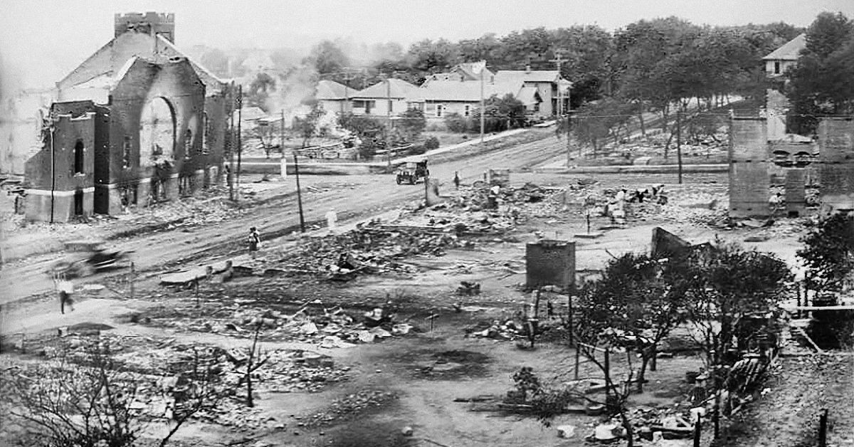 Part of Greenwood District burned in the riots, Tulsa, Oklahoma, USA, June 1921.