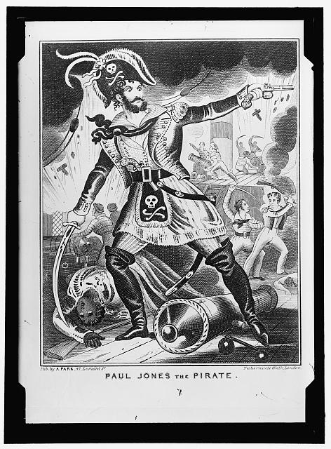 A cartoon depicts John Paul Jones as a pirate causing mayhem