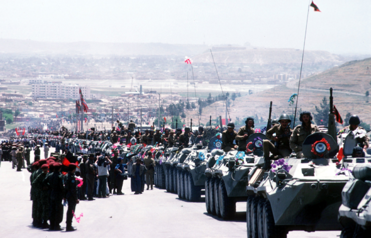 Soviet troops withdraw May 15, 1988 from Kabul, Afghanistan.
