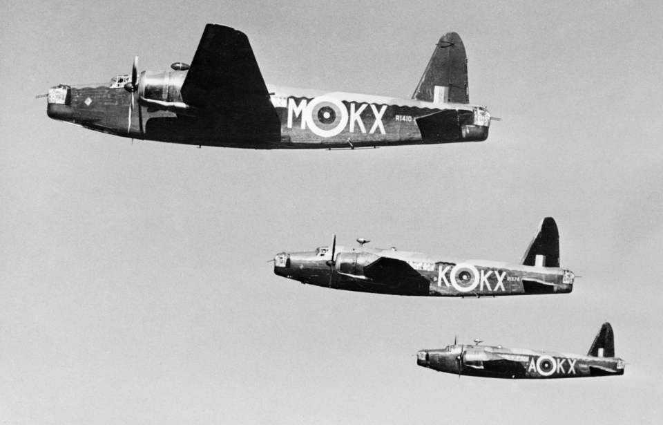 Three Wellington Mark ICsf No. 311 (Czechoslovak) Squadron RAF based at East Wretham, Norfolk, flying in stepped starboard echelon formation.