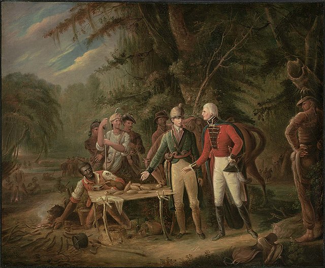 A painting by John Blake White depicting Francis Marion offering to share his meal with a British soldier