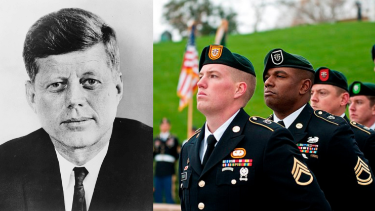 Black and white photograph of President John F. Kennedy + US Special Forces soldiers at Arlington National Cemetery