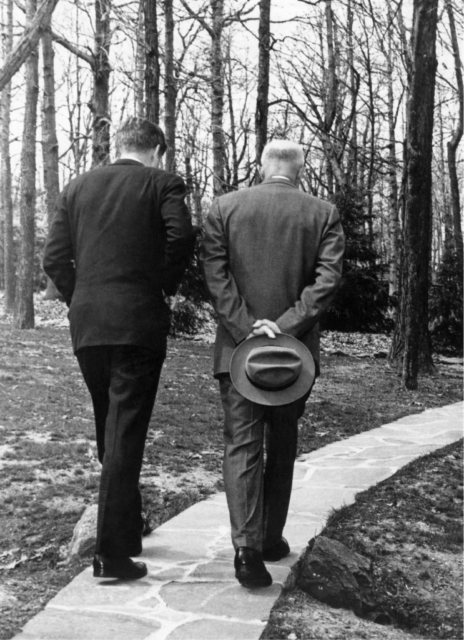 John F. Kennedy and Dwight D. Eisenhower at Camp David, 1961