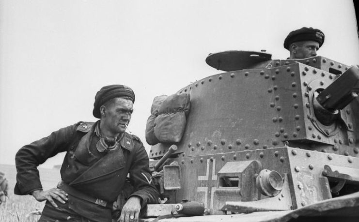 German tank soldier leaning against a Panzer 38(t) 