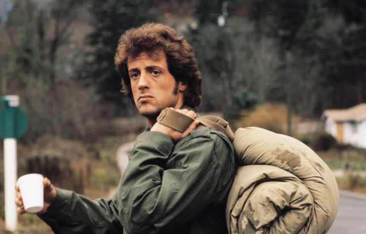 Scene from First Blood showing John Rambo hitchhiking. 
