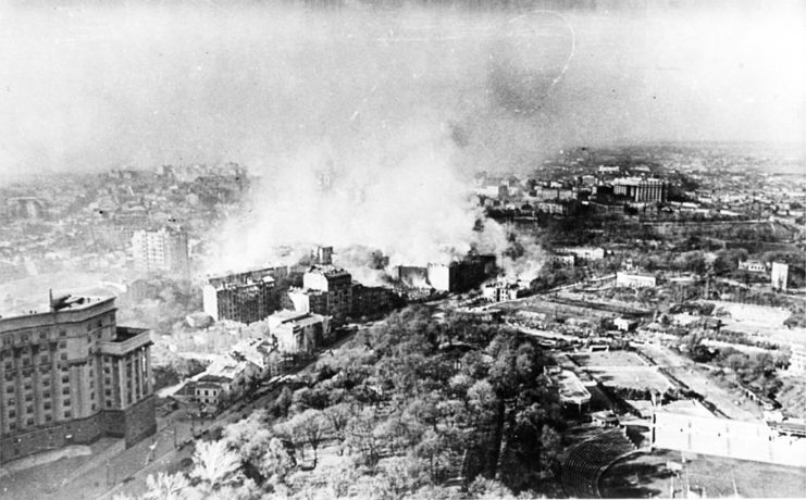 Aerial view of Kiev burning after the German retreat