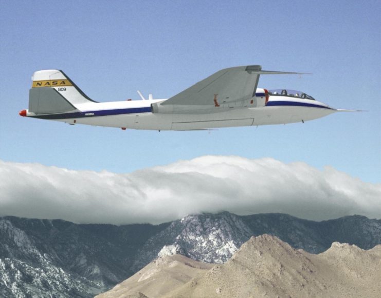 In this NASA Ames-Dryden Flight Research Facility photograph taken in 1982 the B-57B Canberra is shown making atmospheric measurements near a mountain range