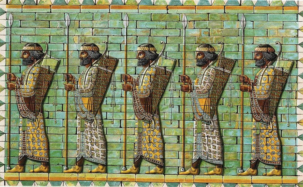 Colorful brick artwork of five Persian Immortals