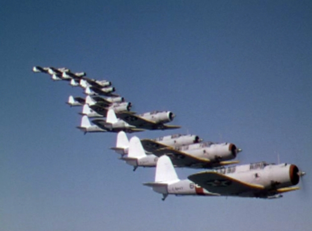 Vought SB2U Vindicator dive bombers of Bombing Squadron VB-4 High Hatters in formation during the movie Dive Bomber (1941)