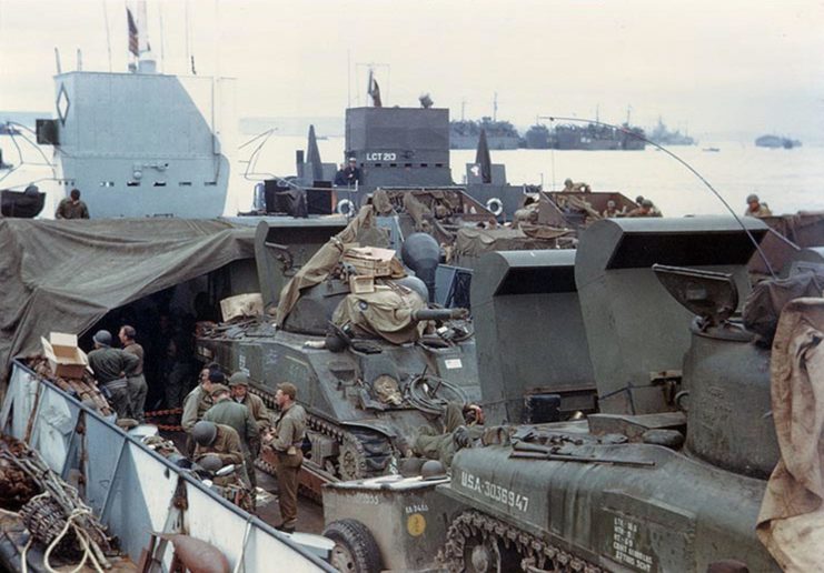 U.S. Army M4 "Sherman" tanks of Company A, 741st Tank Battalion and other equipment loaded in an LCT, ready for the invasion of France, circa late May or early June 1944. 