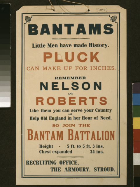 poster reading: "BANTAMS: Little Men have made History. Pluck can make up for inches. Remember Nelson and Roberts. Like them you can serve your Country and help Old England in her Hour of Need. So join the Bantam Battalion. Height 5 ft. to 5 ft. 3 ins. Chest expanded 34 ins. Recruiting Office, The Armoury, Stroud."