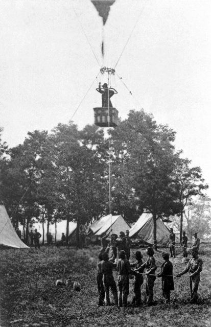 View of balloon ascension. Prof. Thaddeus Lowe observing the Battle of Seven Pines or Fair Oaks from his balloon “Intrepid” on the north side of the Chickahominy. (Photo Credit: Public Domain)