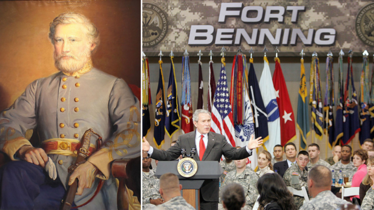 Portrait of Henry L. Benning + President George W. Bush speaking in front of a crowd at Fort Benning