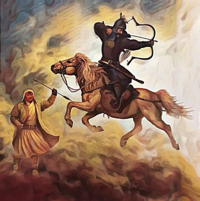 Genghis Khan shooting an arrow while riding a horse while Jebe stands beside him holding a spear