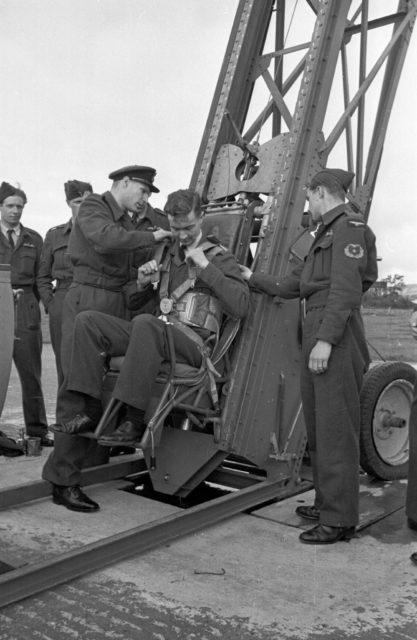 2nd April 1949: A cadet pilot on the Martin-Baker ‘ejection-seat trainer’. Original Publication: Picture Post – 4744 – Are We Getting The Airforce We Need – pub. 1949 (Photo by Raymond Kleboe/Picture Post/Hulton Archive/Getty Images)
