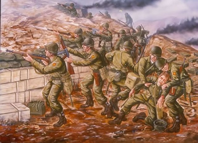 Painting of soldiers shooting rifles from behind a wall