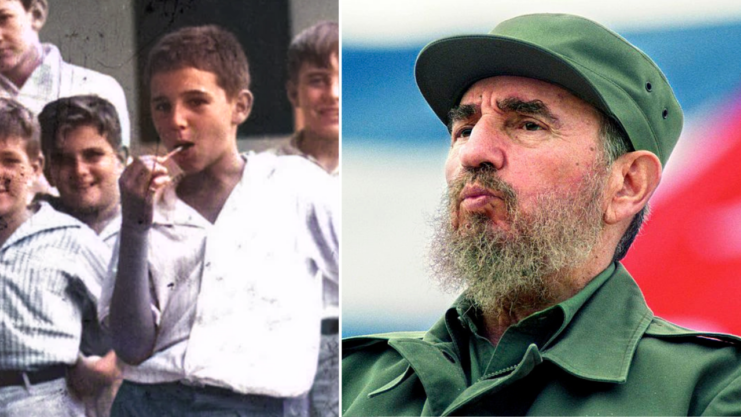 Fidel Castro as a child, surrounded by other children + Fidel Castro as an adult