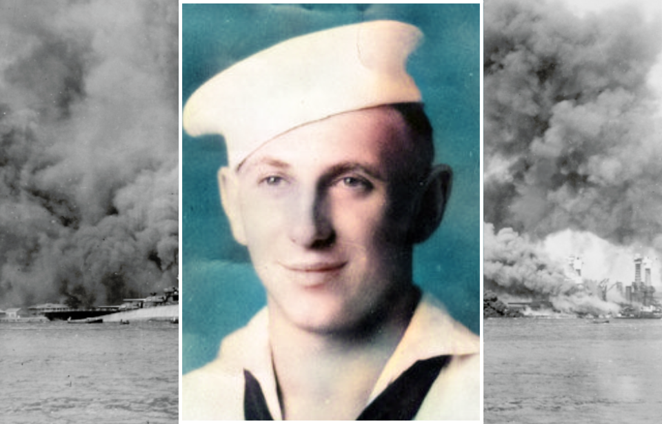 USS Oklahoma on fire in the water + Military portrait of Kenneth E. Doernenburg