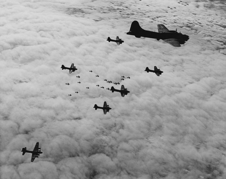 B-17G Flying Fortresses in clouds