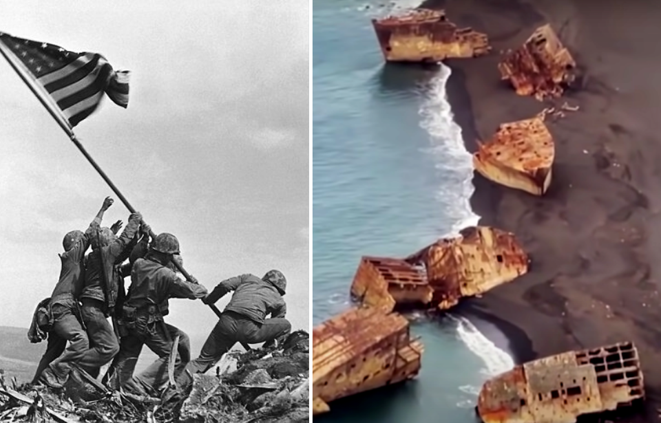 Soldiers raising the American flag on Iwo Jima + Broken ship hulls along the shore of Iwo Jima