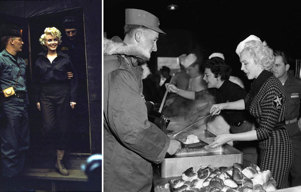 Marilyn Monroe exciting a helicopter + Marilyn Monroe serving food to soldiers