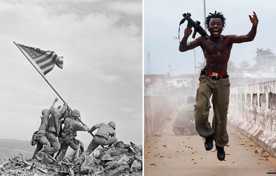 Soldiers raising the American flag at Iwo Jima + Joseph Duo jumping in the air with a grenade launcher