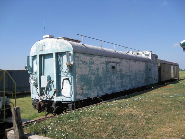 White train covered in blue paint