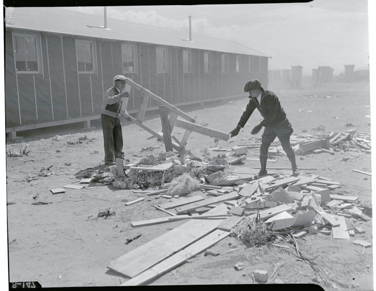 Two Japanese-Americans cleaning up broken lumber