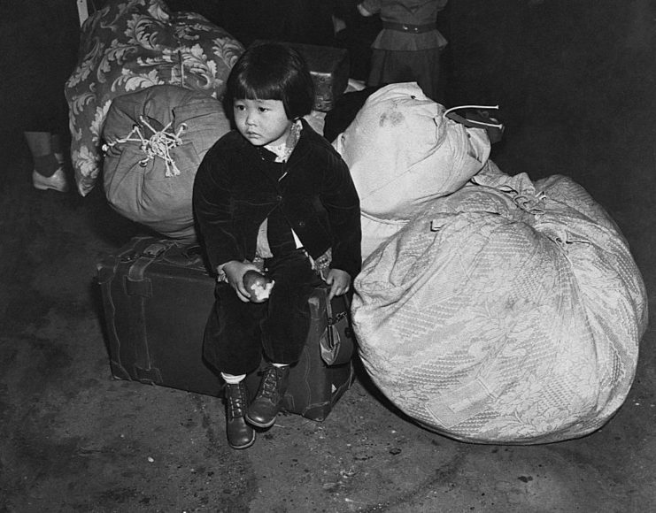 Young Japanese-American girl sitting atop luggage