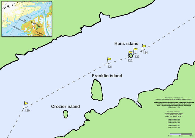 Map showing the location of Hans Island in the Kennedy Channel