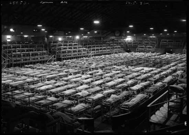Overhead view of the men's dormitory at a Japanese Canadian relocation centre