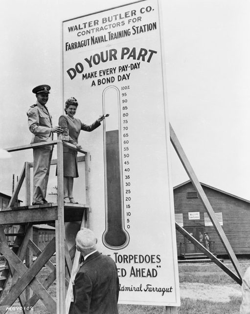 Lana Turner standing beside a large sign featuring a thermometer