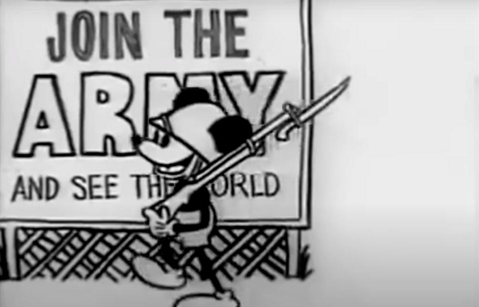Mickey Mouse walking by a billboard saying "JOIN THE ARMY AND SEE THE WORLD"