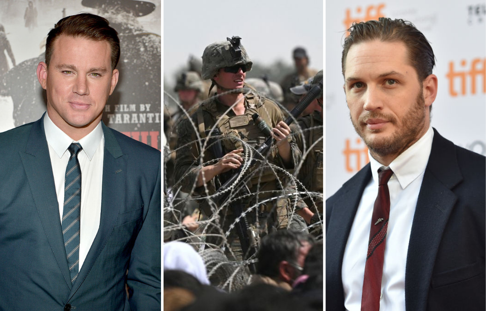 Channing Tatum wearing a suit + US Soldier standing behind barbed wire + Tom Hardy wearing a suit