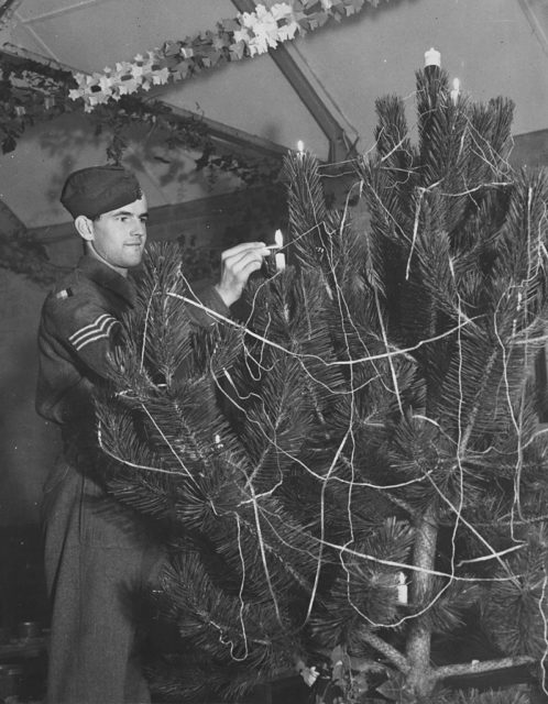 Belgian soldier decorating a Christmas tree