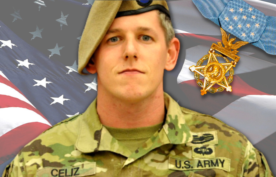 American flag + Sergeant First Class Christopher Celiz + Medal of Honor