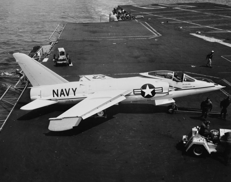 An F11F-1 Tiger on USS Forrestal (CVA-59) in April 1956, with downward-folded wingtips (Photo Credit: U.S. Navy Naval History and Heritage Command / Wikipedia / Public Domain)