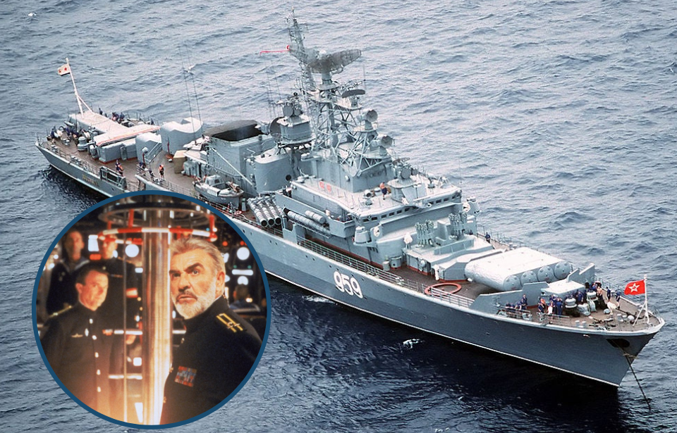 Image of a ship similar to Storozhevoy, with inset of Sean Connery