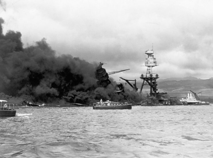 USS Arizona shrouded in smoke
