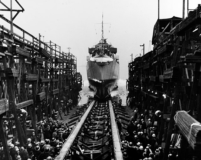 USS Johnston being launched into the water